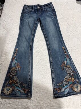 Grace Blue Embroidered Flare Jeans with Feather Motif